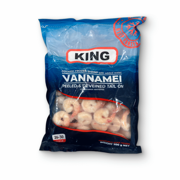 Vannamei krevetid 26/30 keedetud, kooritud, peata, sabaga (30% glas) 10x1kg (VNM) -18°C